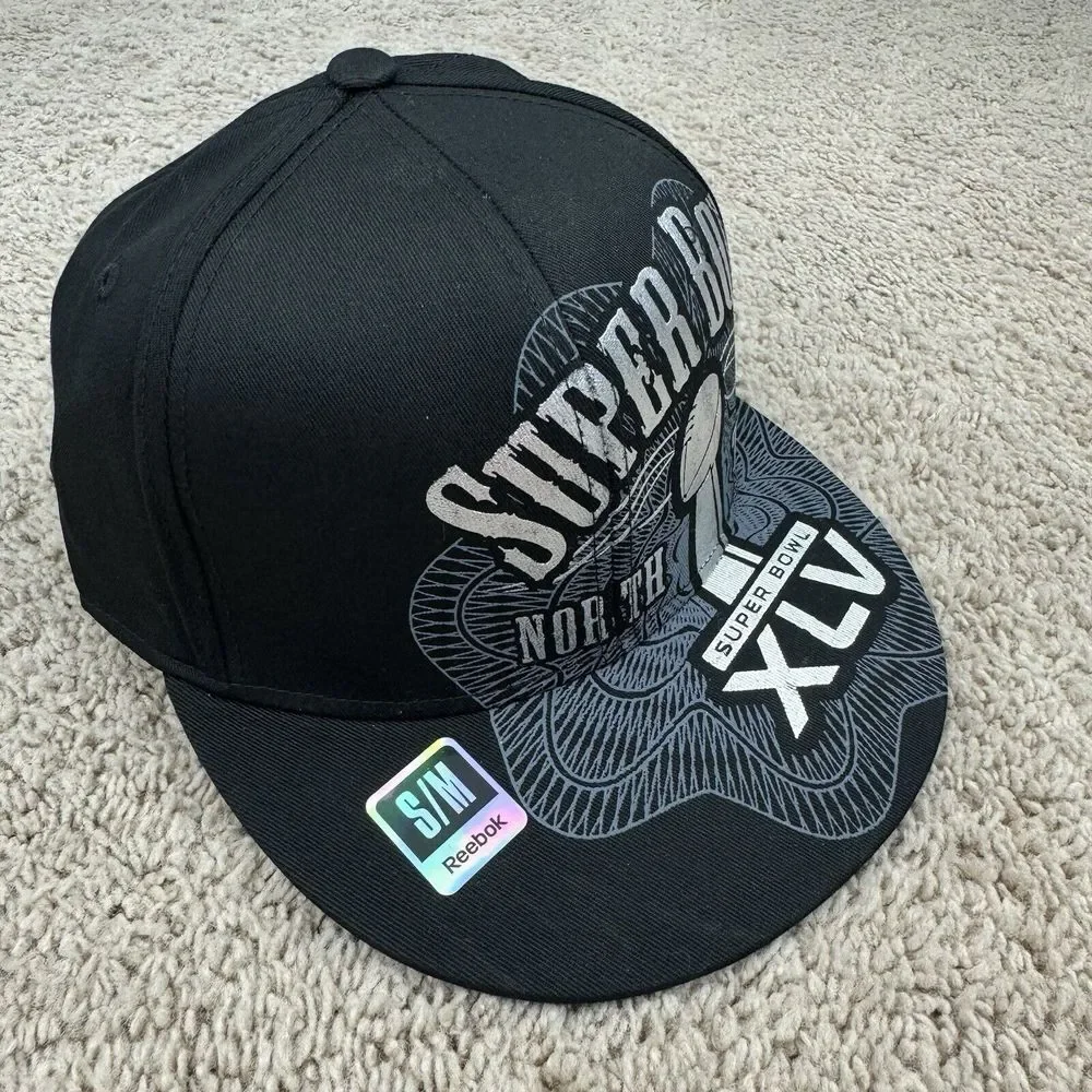 NFL Super Bowl XLV Hat Team Reebok S/M Flex Fit Black Silver North Texas Cap New